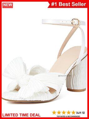 Bow Knot Heeled Sandals Pleated Open Toe Ankle Strap Chunky Heels Wedding